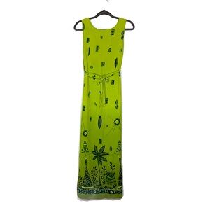 green maxi dress / tropical resort wear / women's 12 large / sleeveless with tie